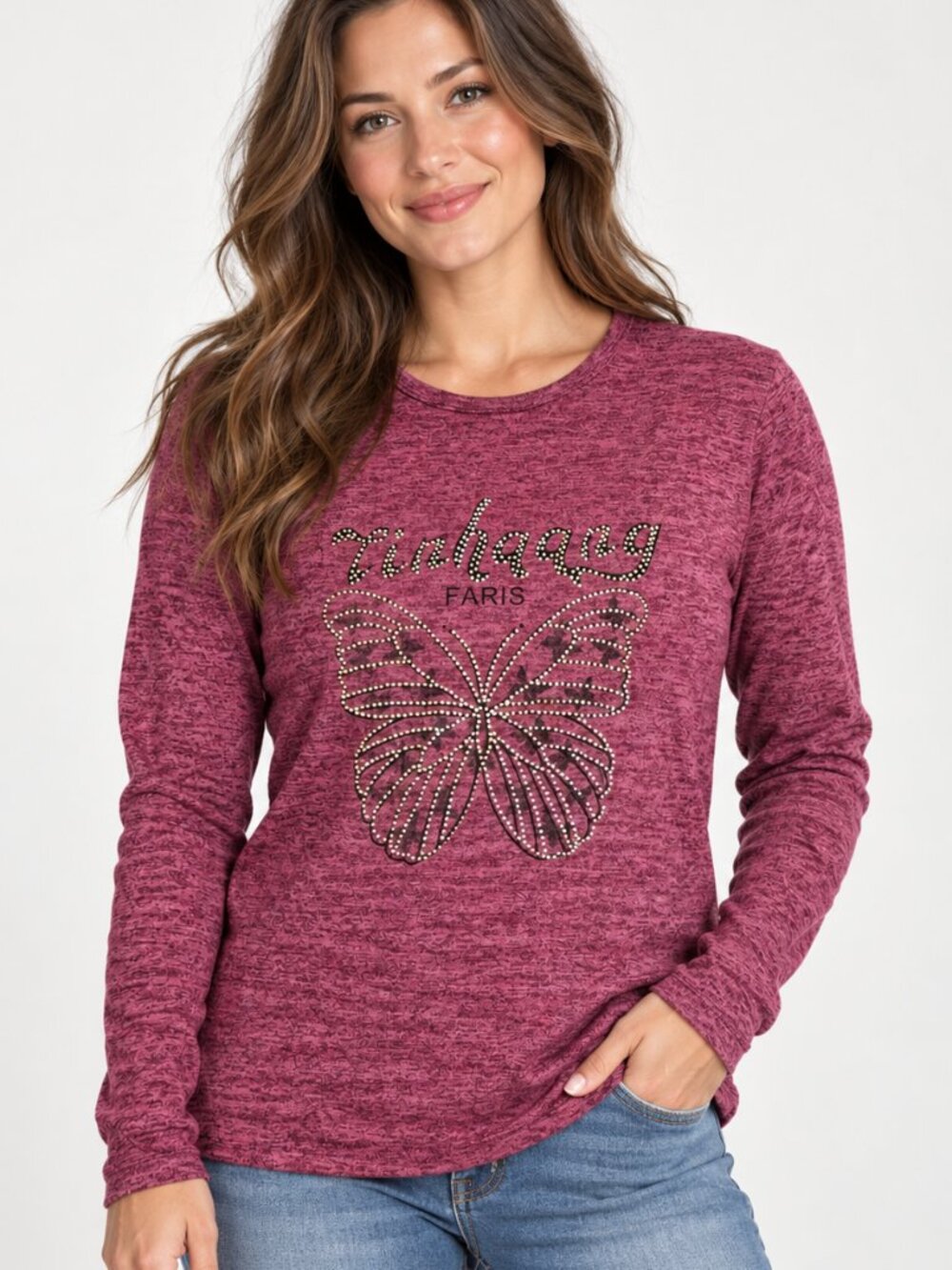 Women's Burgundy Butterfly Rhinestone Beaded Top M/L NWT